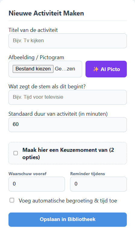Beheerportaal formulier voor het aanmaken van activiteiten